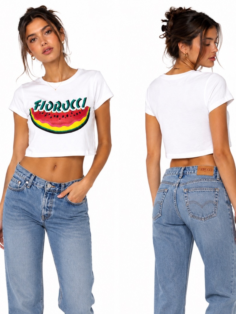 FIORUCCI Angel Graphic Crop Tee White Sz S Y2K Designer Luxury Summer Streetwear